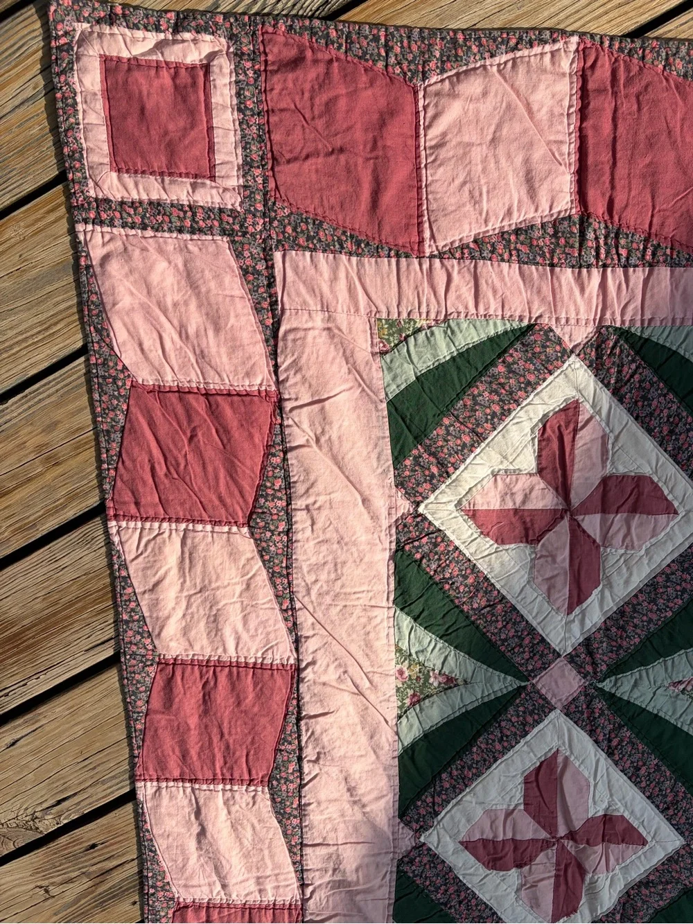 Handmade Pink and Green Patchwork Quilt - Floral Pinwheel Design VINTAGE stains